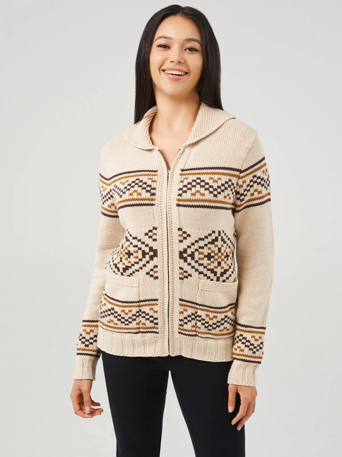 Jacquard Turn-Down Collar Zipper Cardigan sold by 89th & Madison