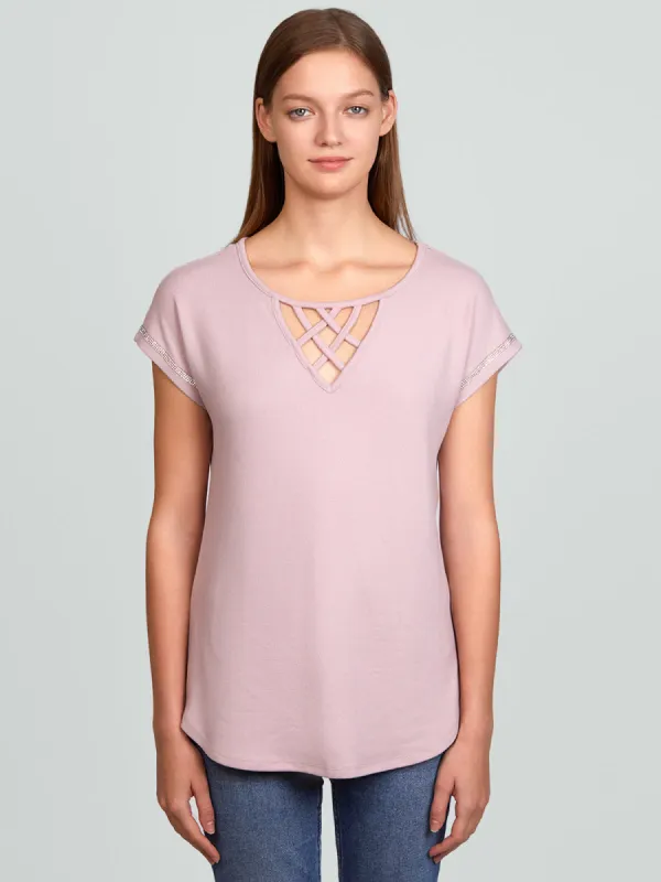 Lace Up Crewneck Dolman Cool Top sold by 89th & Madison