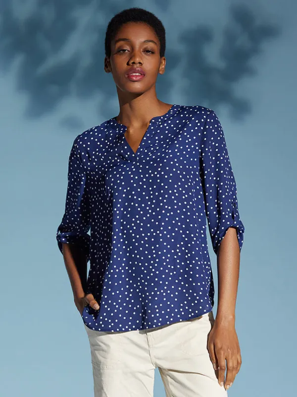 Dot Print Notch Neck Blouse sold by 89th & Madison