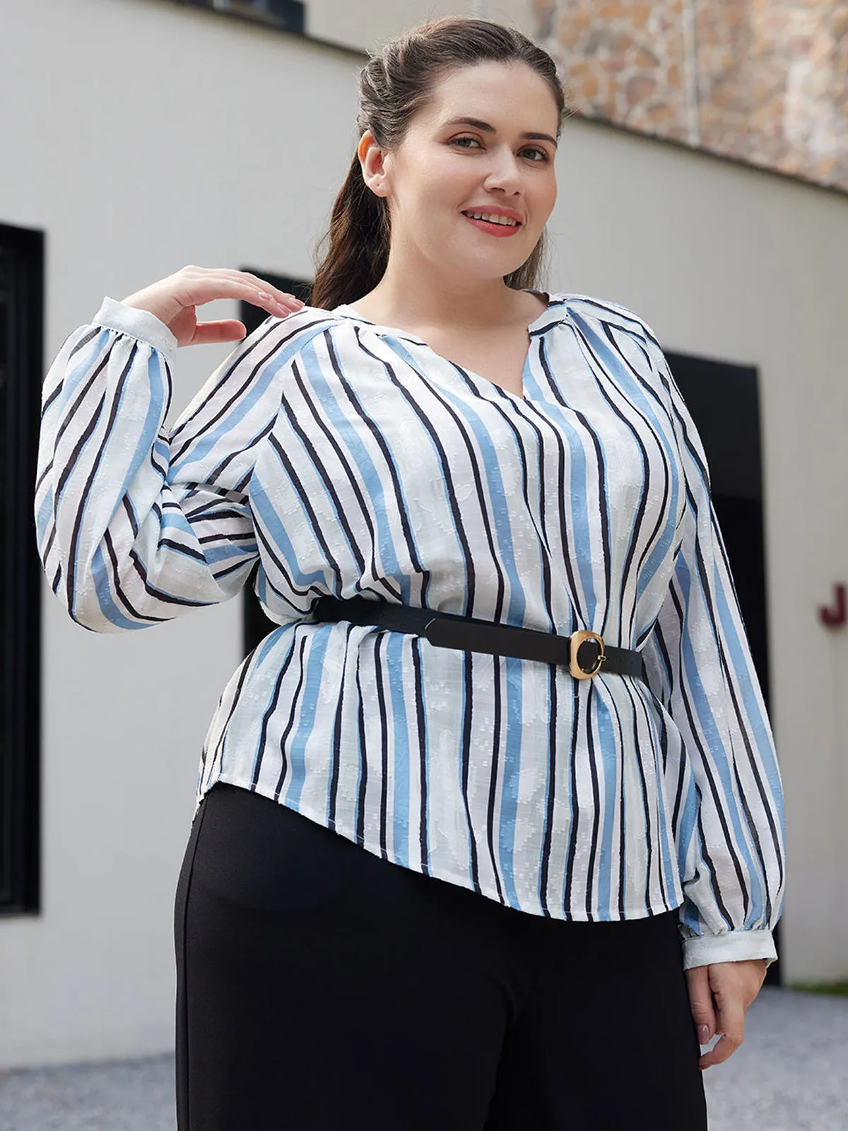Plus Stripe Notch Neck Blouse sold by 89th & Madison
