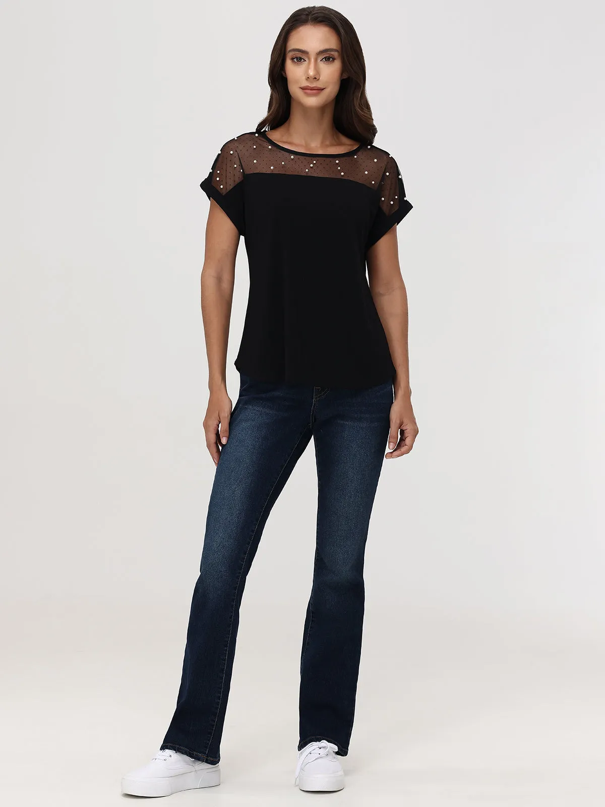 Pearl Embelished Mesh Inset Cool Top sold by 89th & Madison product image thumbnail 5