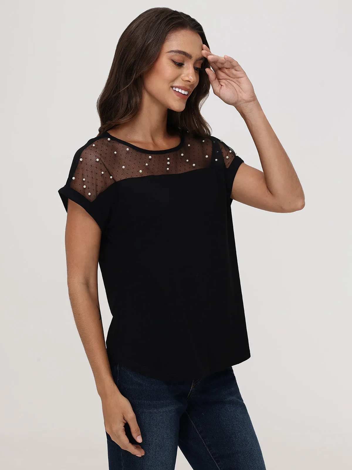 Pearl Embelished Mesh Inset Cool Top sold by 89th & Madison product image thumbnail 3