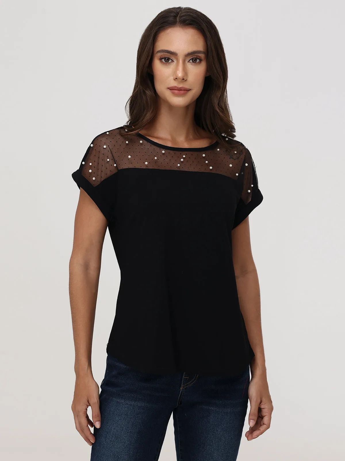 Pearl Embelished Mesh Inset Cool Top sold by 89th & Madison