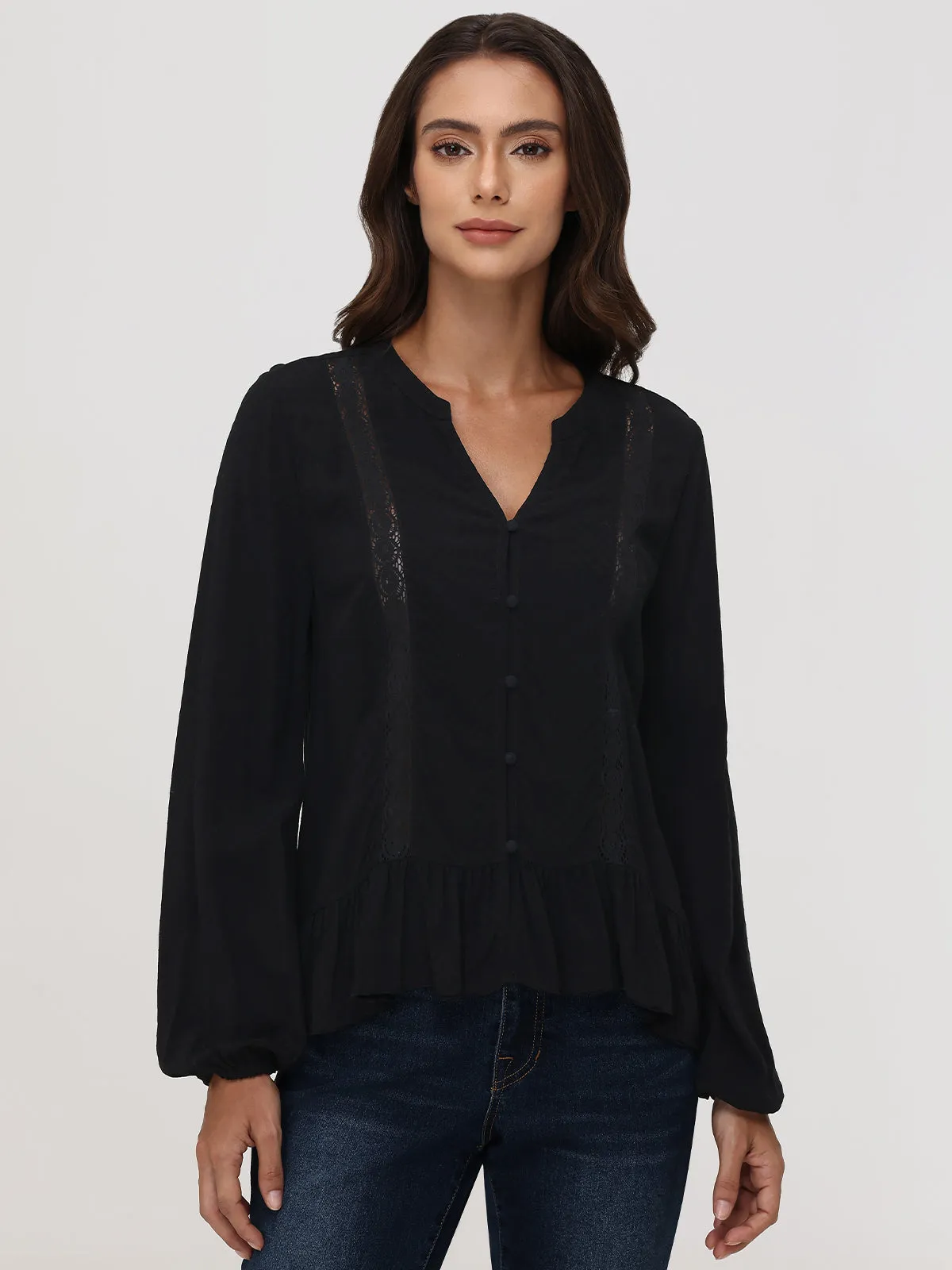 Lace Inset Button-Up Blouse sold by 89th & Madison