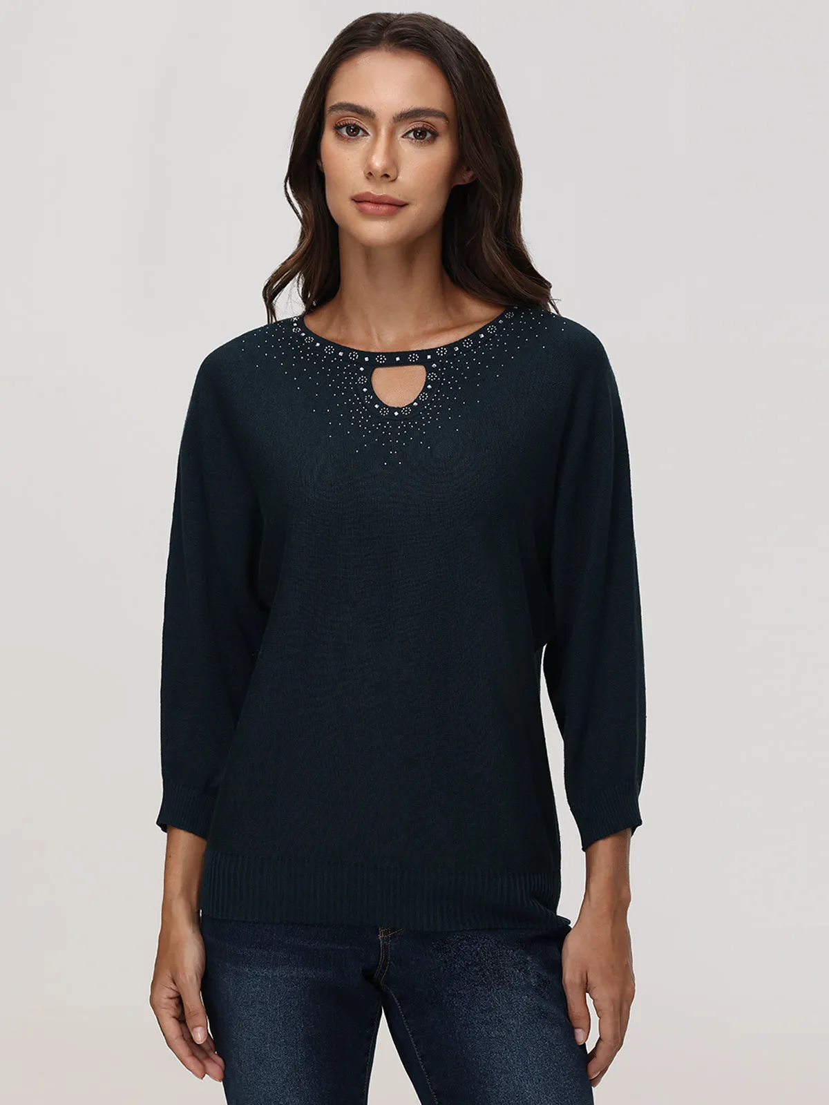 Rhinestone Keyhole Neck Pullover sold by 89th & Madison