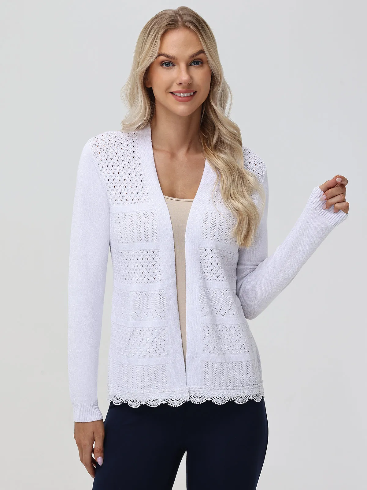Pointelle Lace Ruffle Open Cardigan sold by 89th & Madison