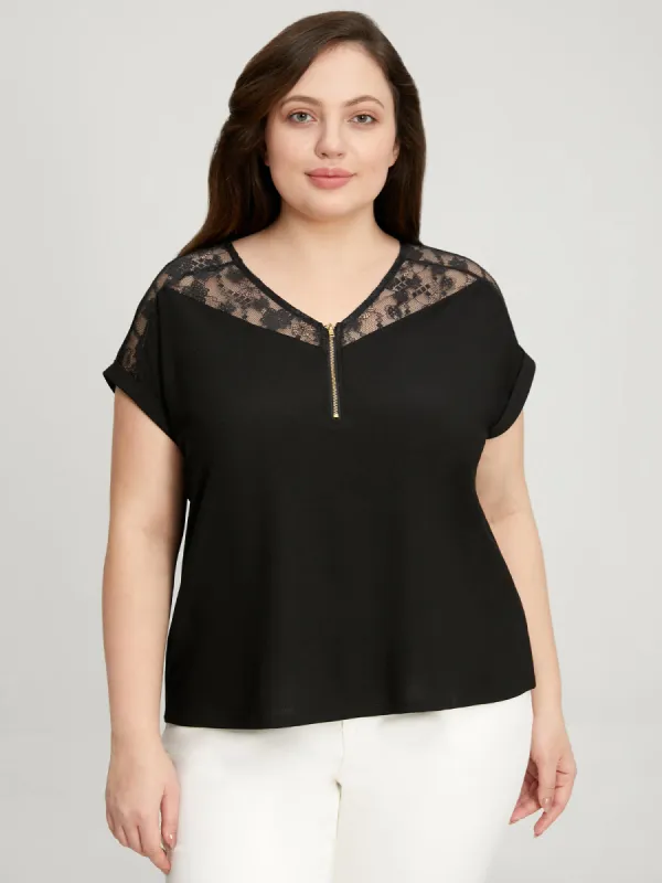 Plus Quarter Zip Lace Trim Dolman Top sold by 89th & Madison