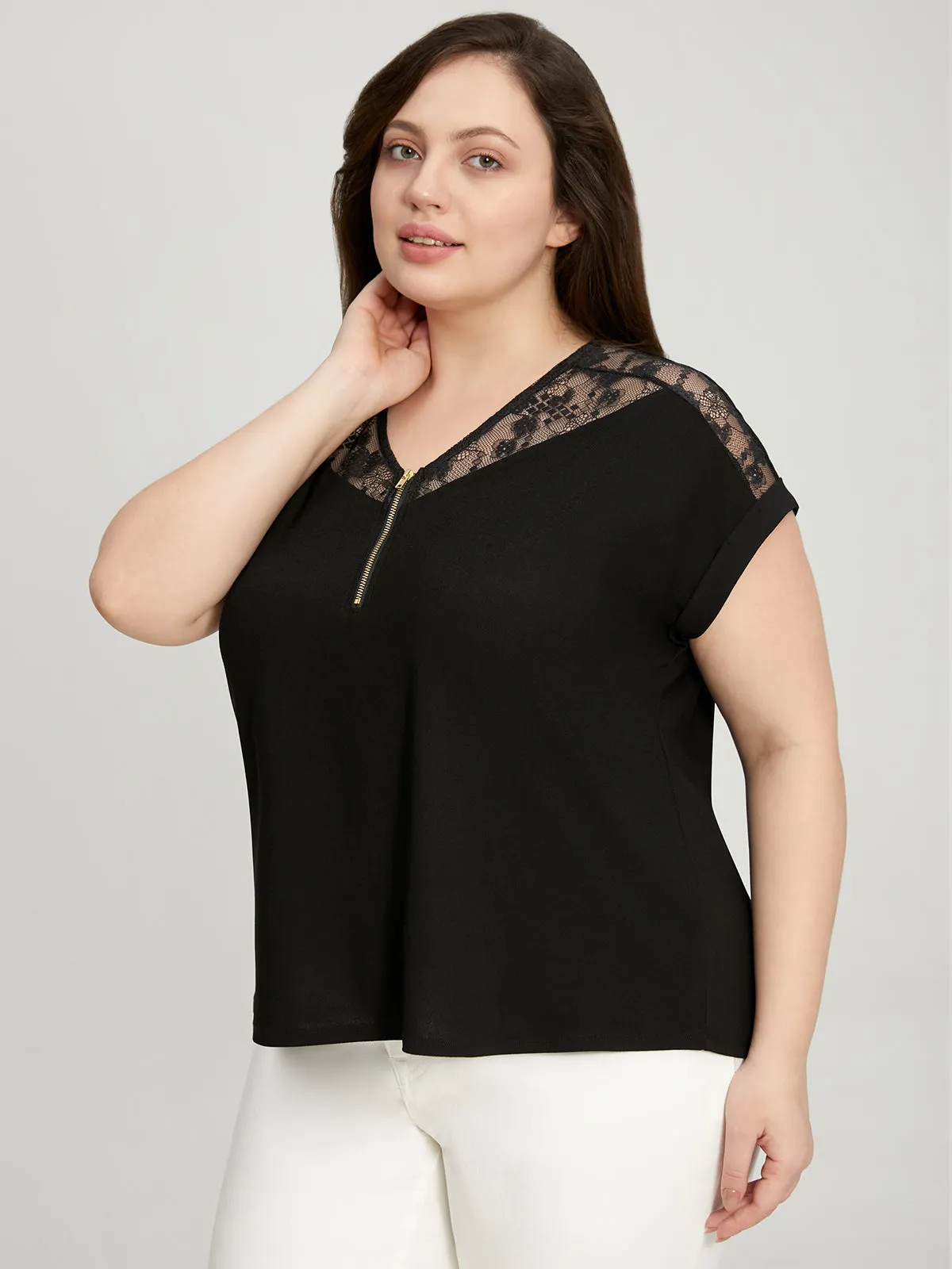 Plus Quarter Zip Lace Trim Dolman Cool Top sold by 89th & Madison product image thumbnail 3