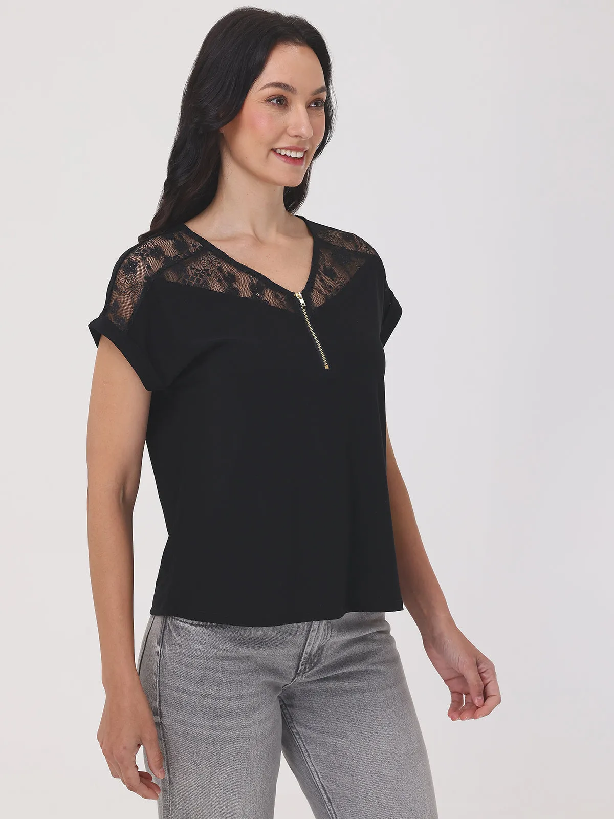 Quarter Zip Lace Trim Dolman Cool Top sold by 89th & Madison product image thumbnail 3
