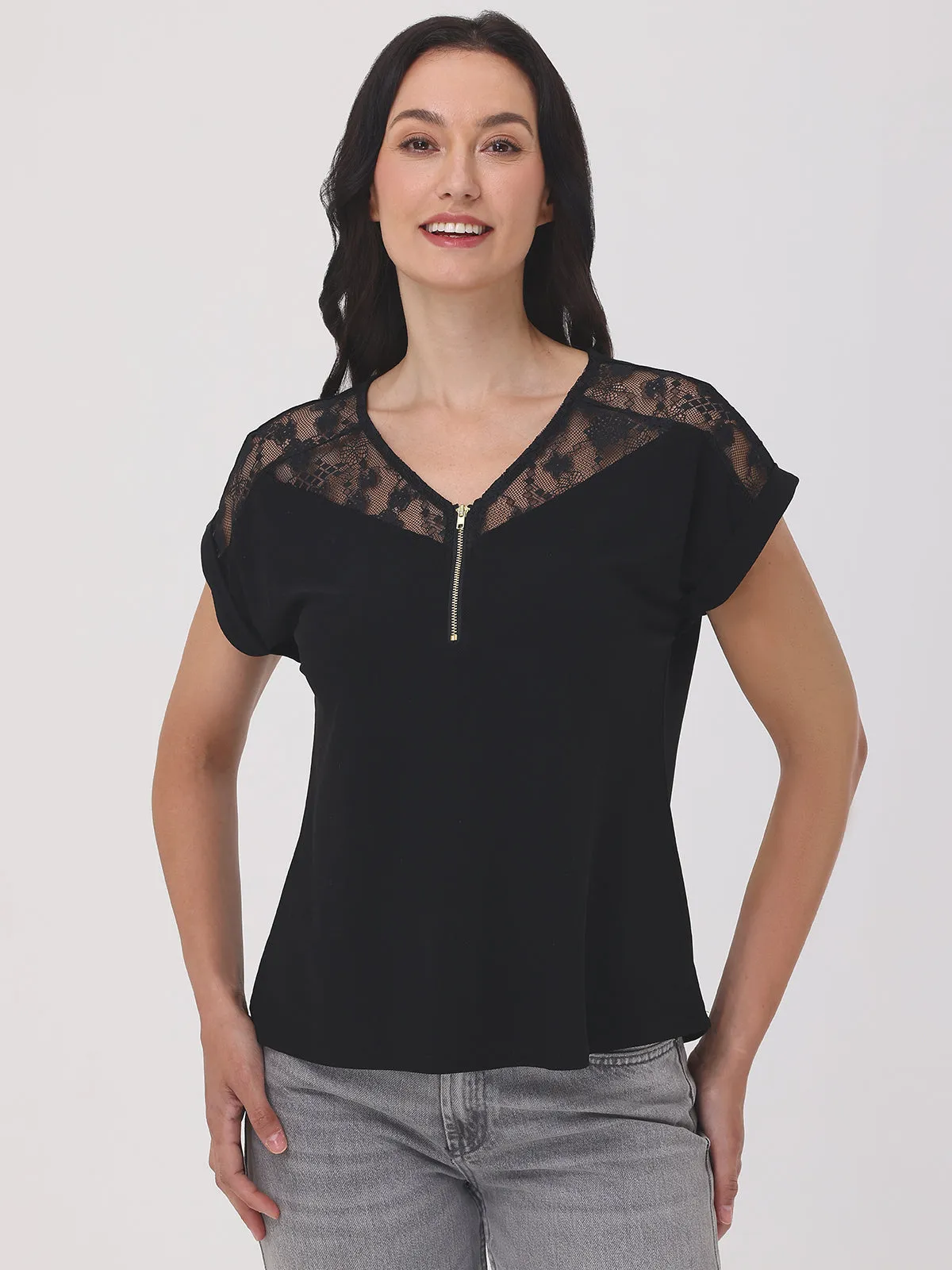 Quarter Zip Lace Trim Dolman Cool Top sold by 89th & Madison