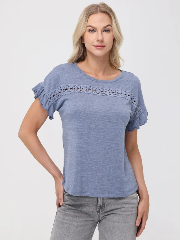 Crochet Trim Ruffle Sleeves Top sold by 89th & Madison