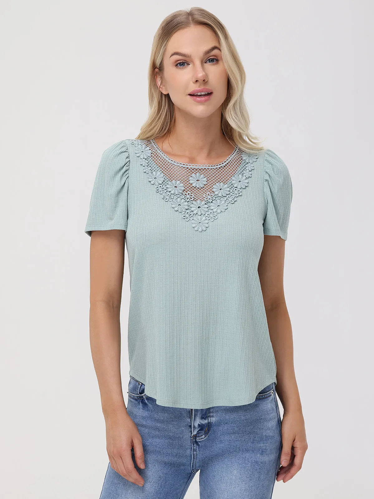 Crochet Inset Crewneck Top sold by 89th & Madison