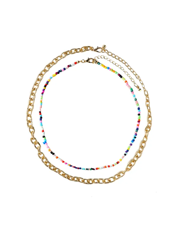 Colorful Beaded and Small Link Chain Necklace Set sold by 89th & Madison