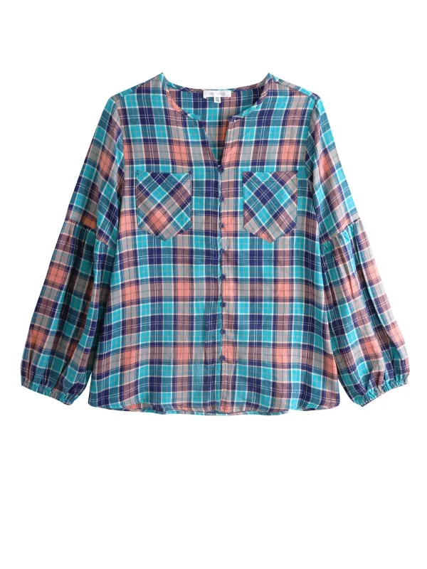 Plaid Pocket Puff Sleeve Top sold by 89th & Madison