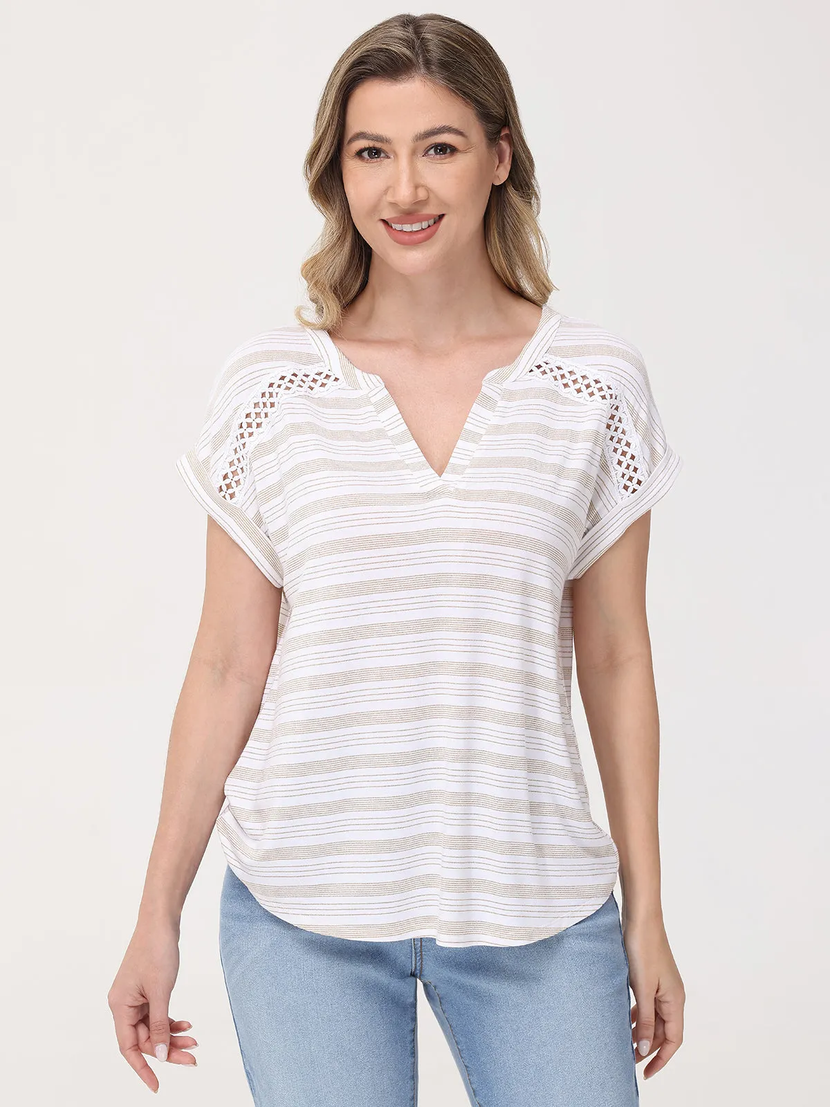 Shimmery Stripe Split Neck Tee sold by 89th & Madison