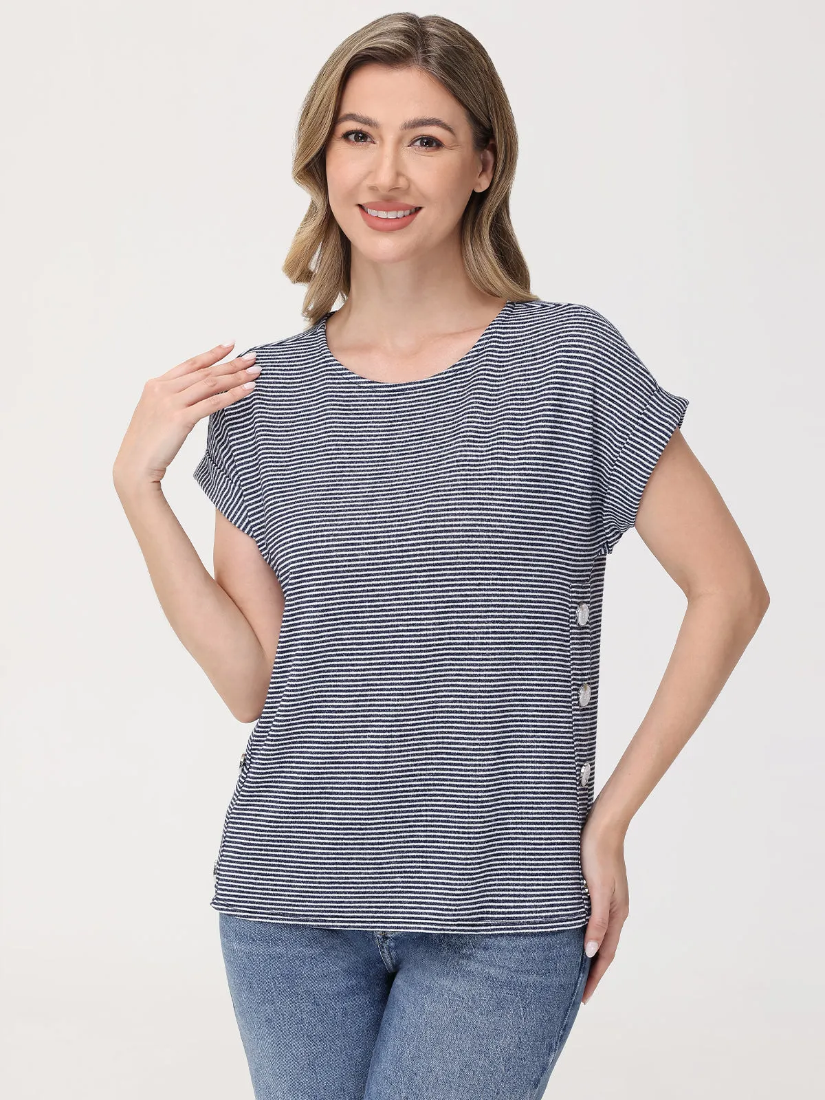 Stripe Button Accent Tee sold by 89th & Madison