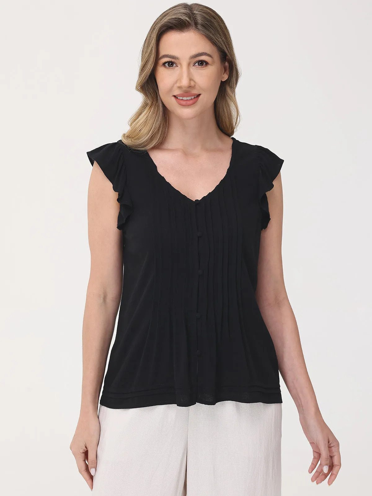Flutter Sleeve Button-Up Top sold by 89th & Madison
