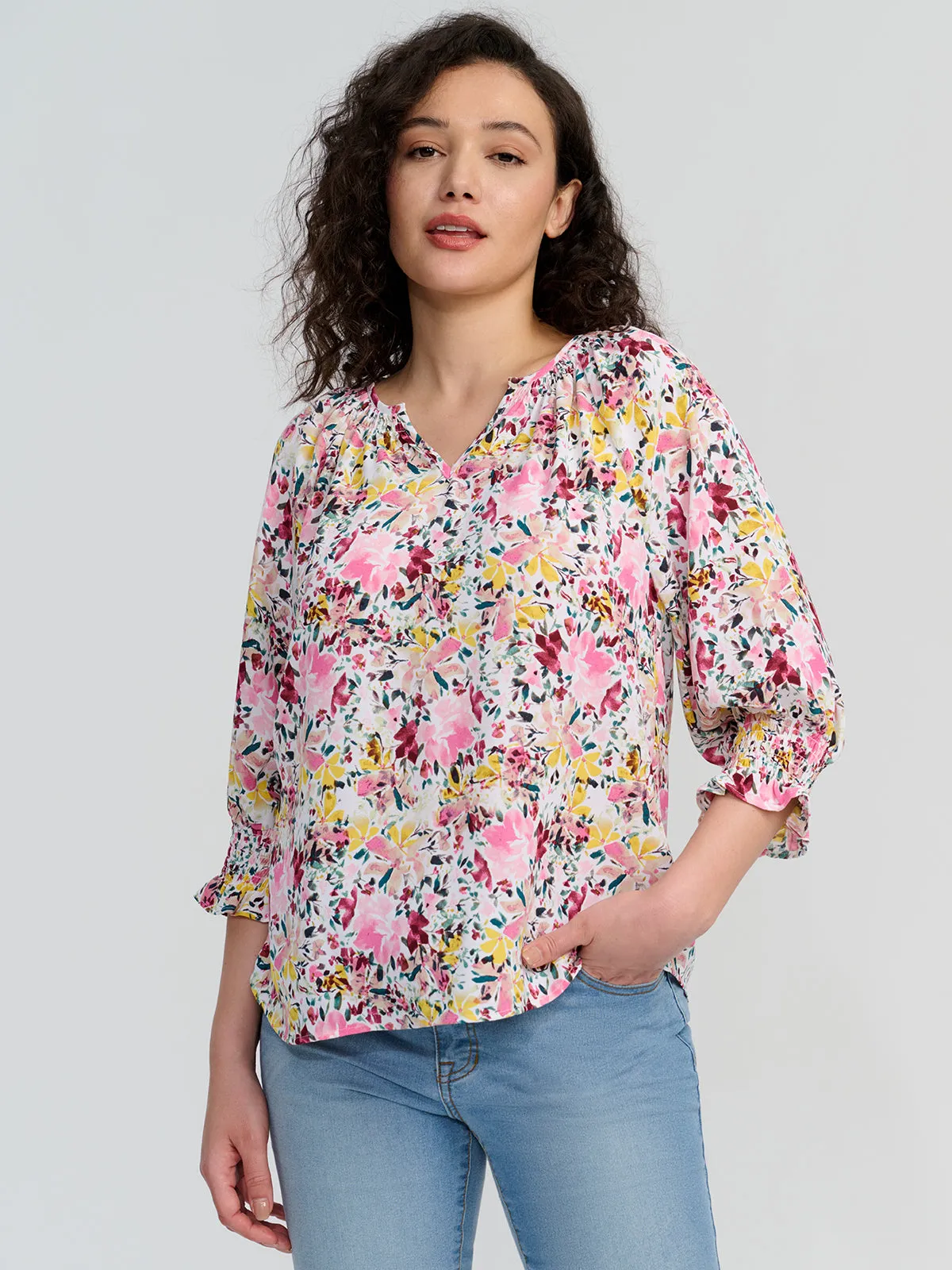 Print Smocked Cuff Blouse sold by 89th & Madison