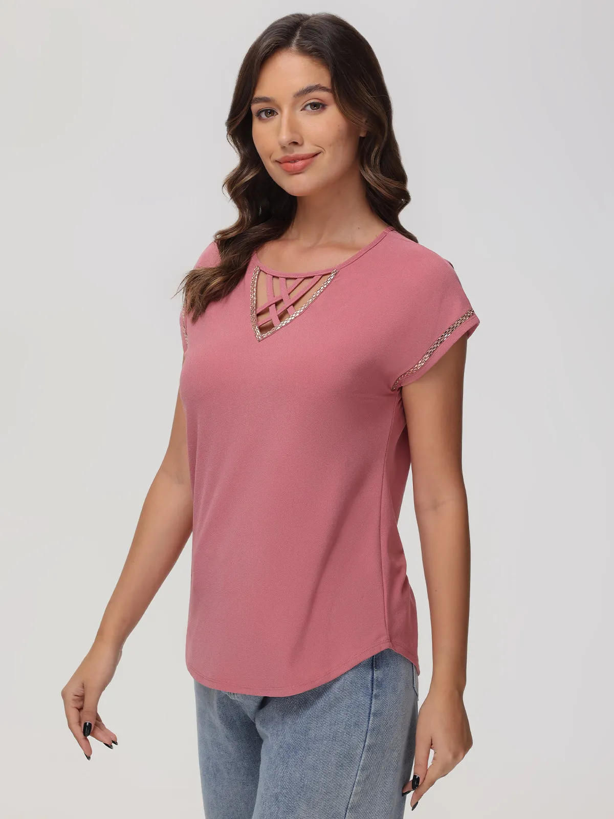 Lace Up Jeweled Dolman Cool Feel Top sold by 89th & Madison product image thumbnail 3