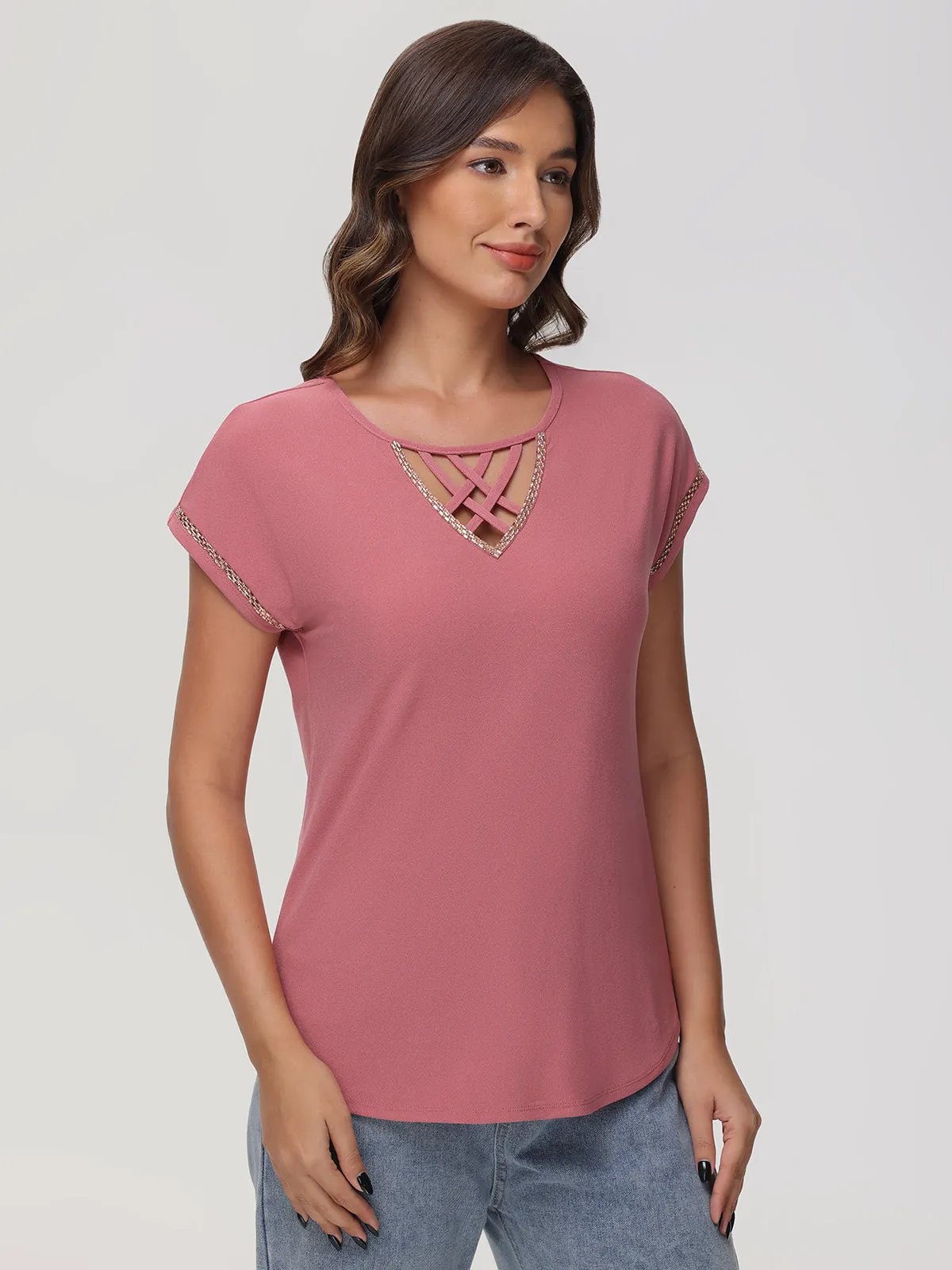 Lace Up Jeweled Dolman Cool Feel Top sold by 89th & Madison