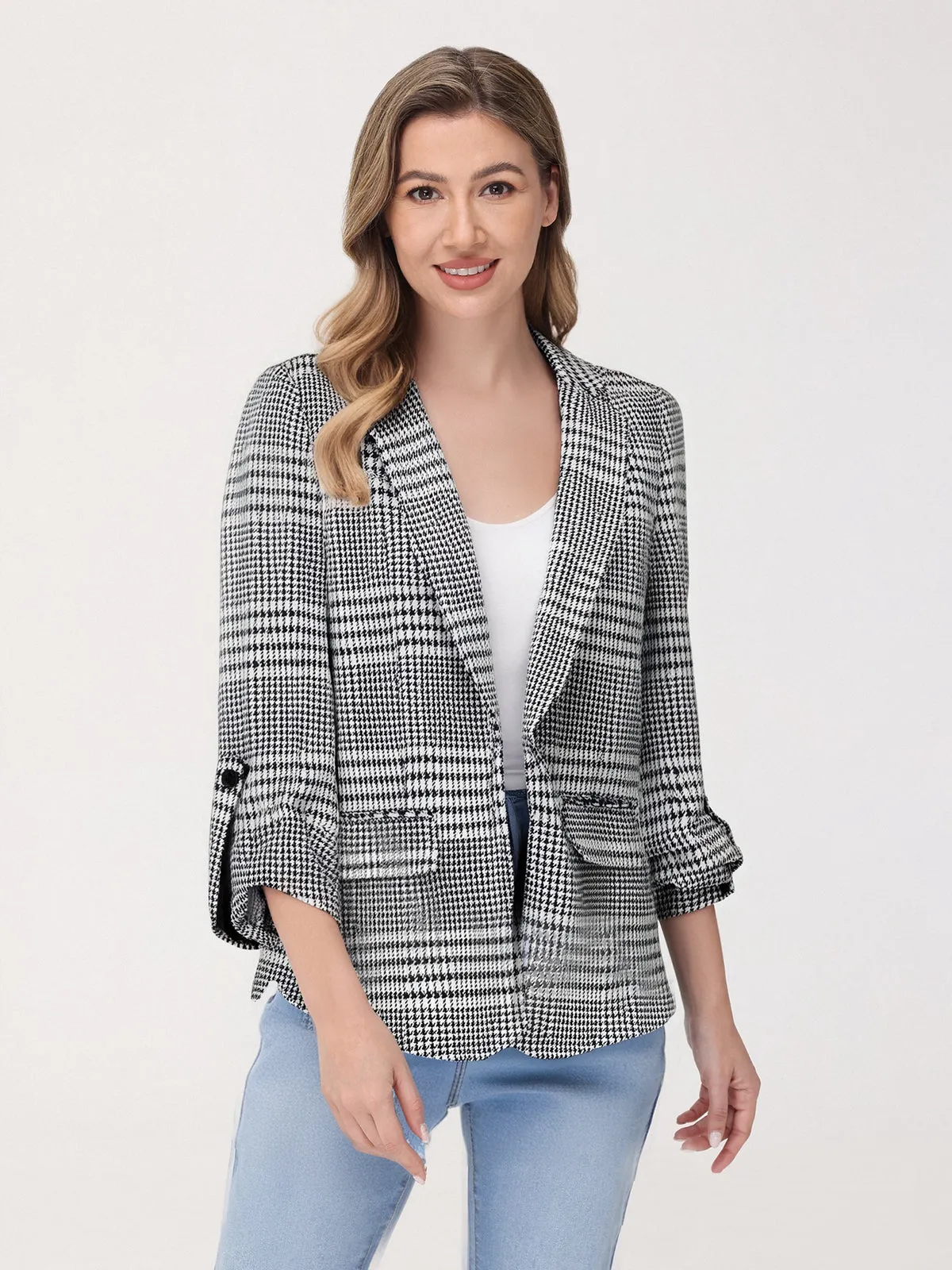 Check Roll Tab Sleeve Blazer sold by 89th & Madison