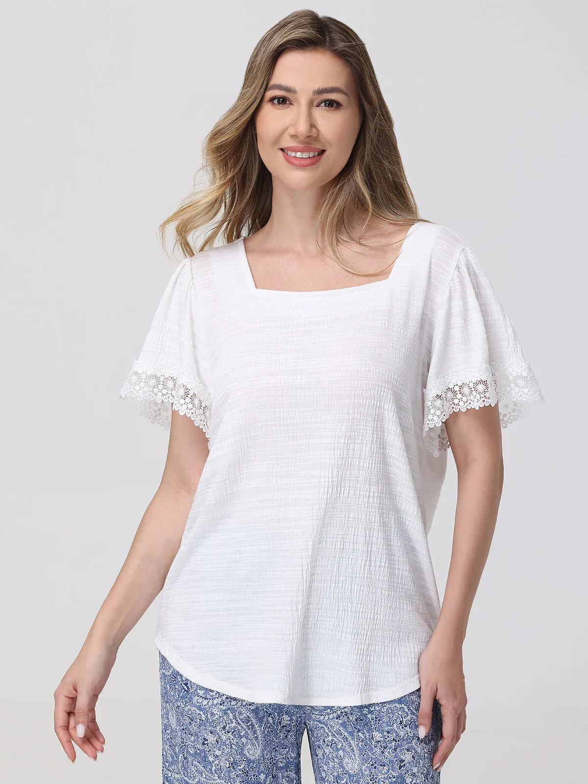 Crochet Trim Flutter Sleeve Top sold by 89th & Madison