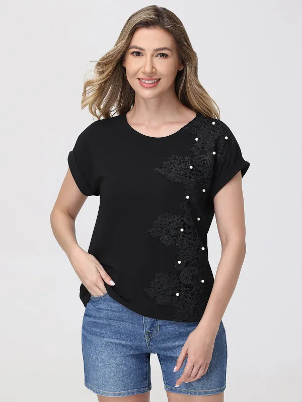 Pearl Embellished Lace Dolman Cool Feel Top sold by 89th & Madison