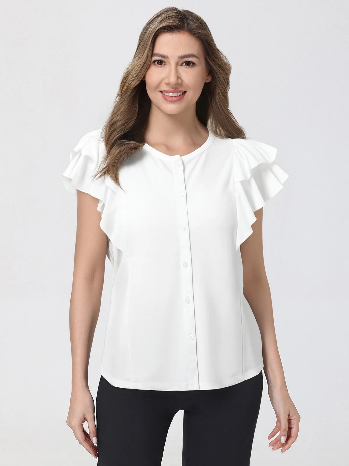Ruffle Sleeve Button Front Top sold by 89th & Madison