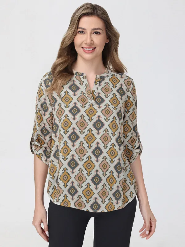 Geometric Print Split Neck Blouse sold by 89th & Madison