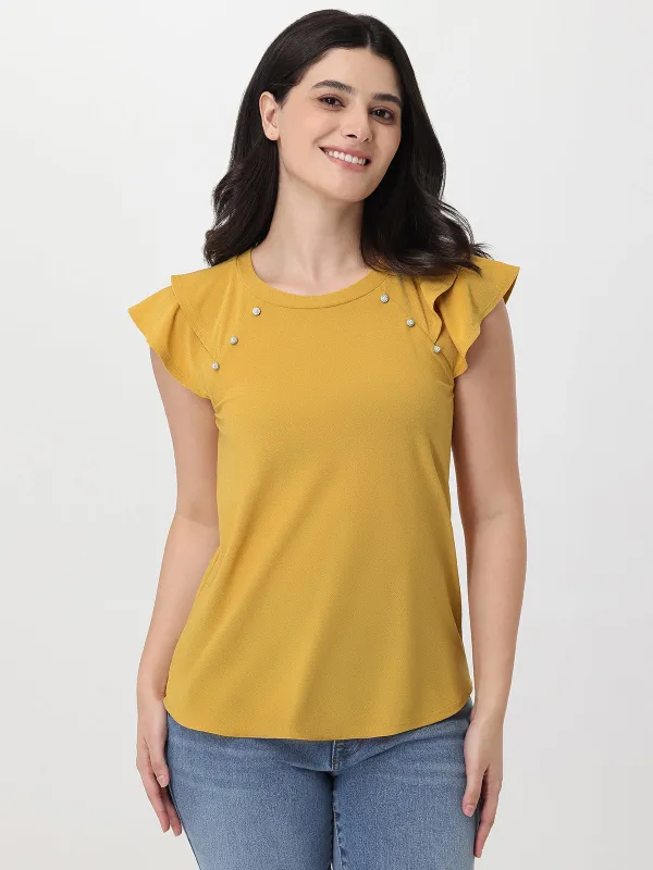 Pearl Embellished Flutter Sleeve Cool Feel Top sold by 89th & Madison