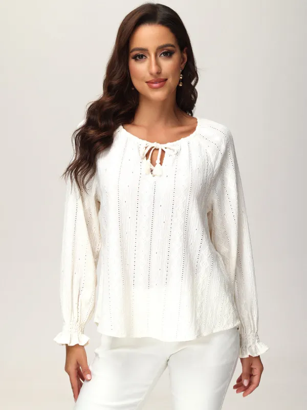 Tie Neck Ruffle Cuff Long Sleeve Top sold by 89th & Madison