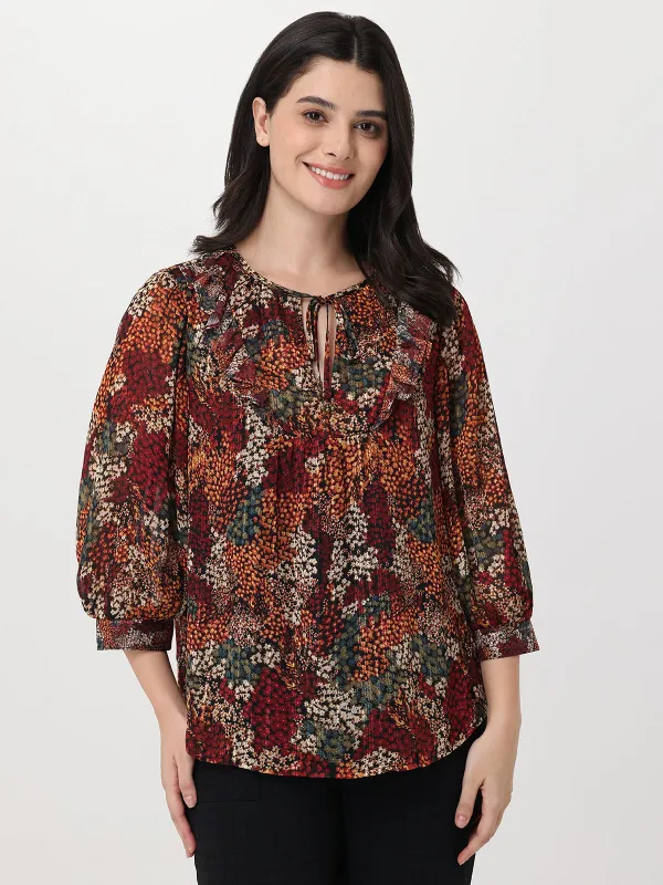 Floral Balloon Sleeve Tie Neck Blouse sold by 89th & Madison