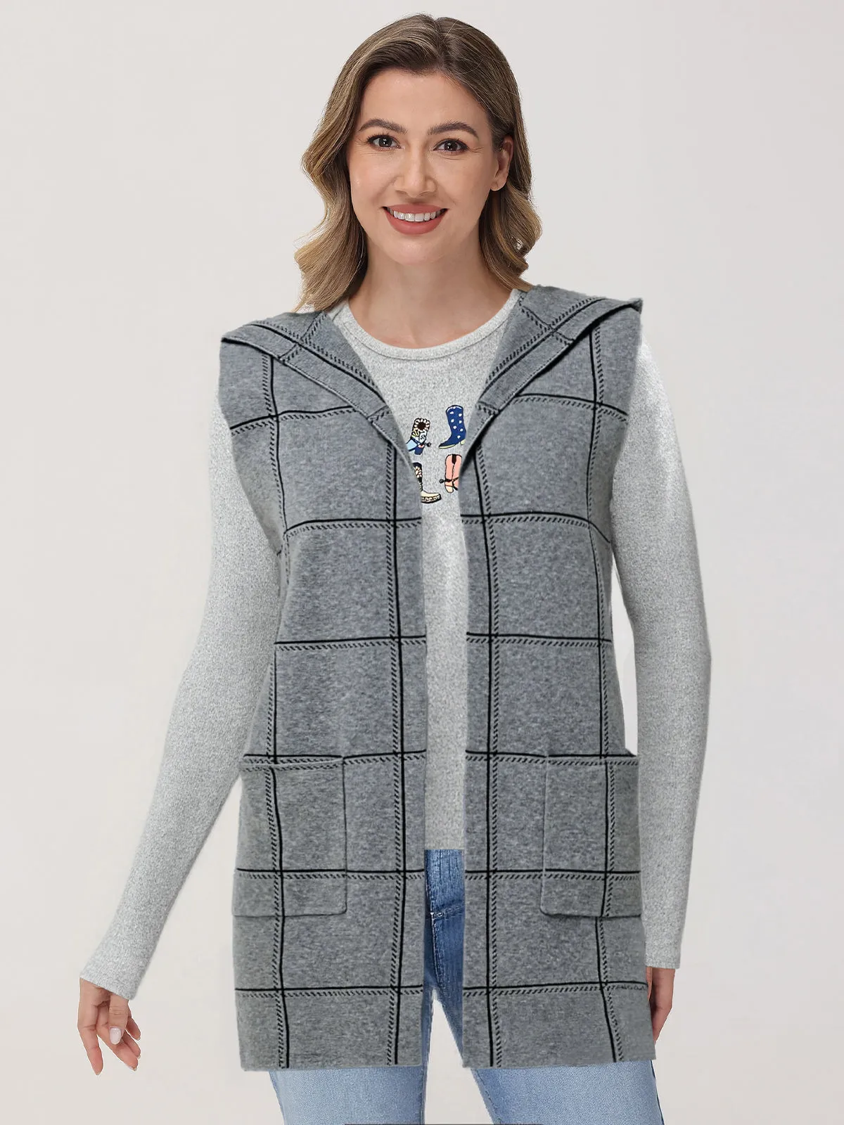 Plaid Open Front Hoodie Vest sold by 89th & Madison