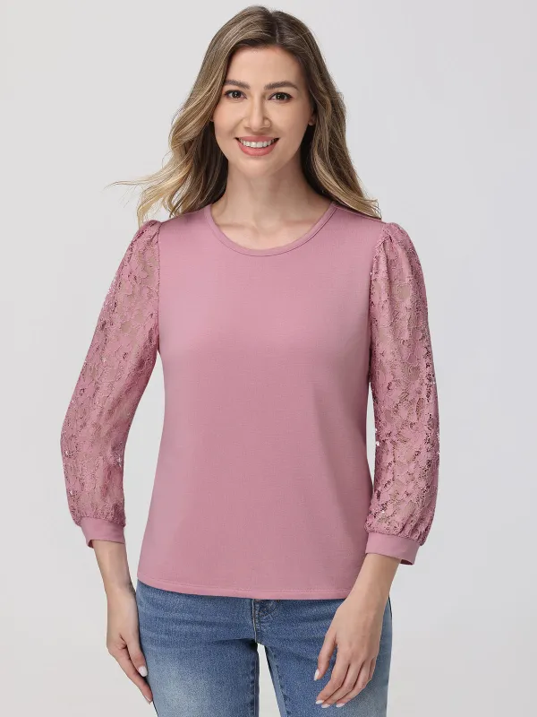 Crewneck Lace Sleeve Top sold by 89th & Madison