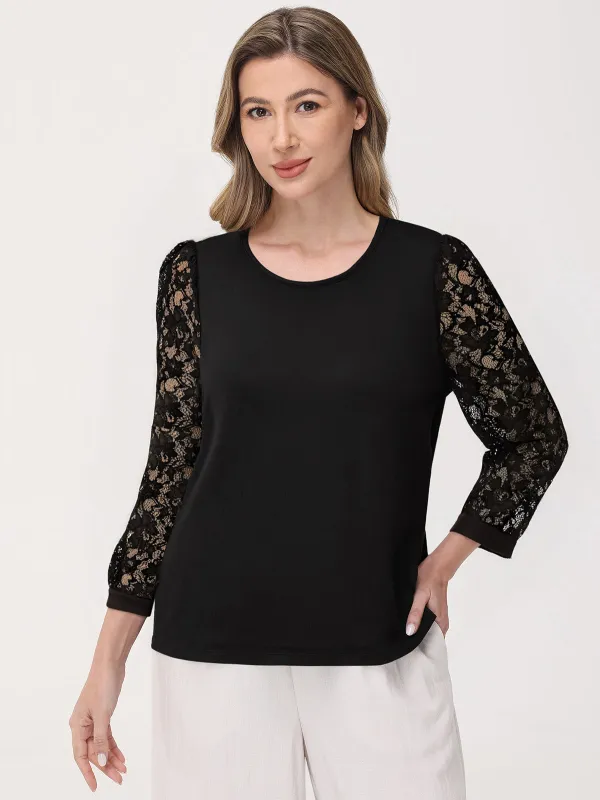 Crewneck Lace Sleeve Top sold by 89th & Madison