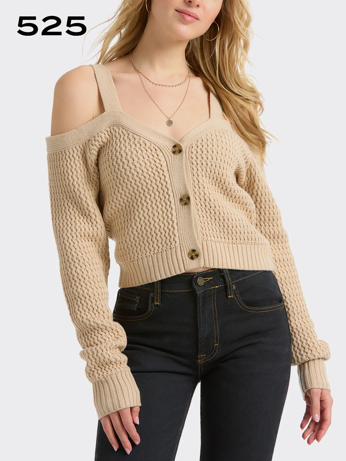Cold Shoulder Rack Stitch Cardigan sold by 89th & Madison