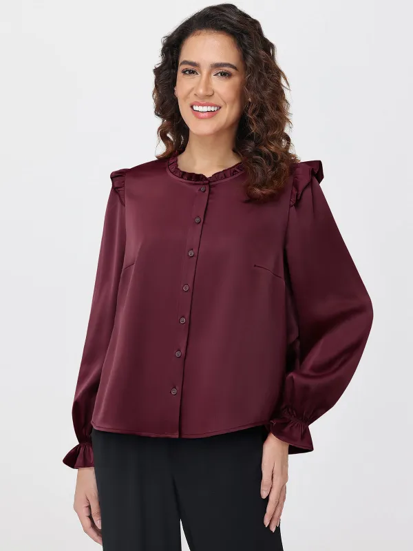 Satin Ruffle Button Front Blouse sold by 89th & Madison