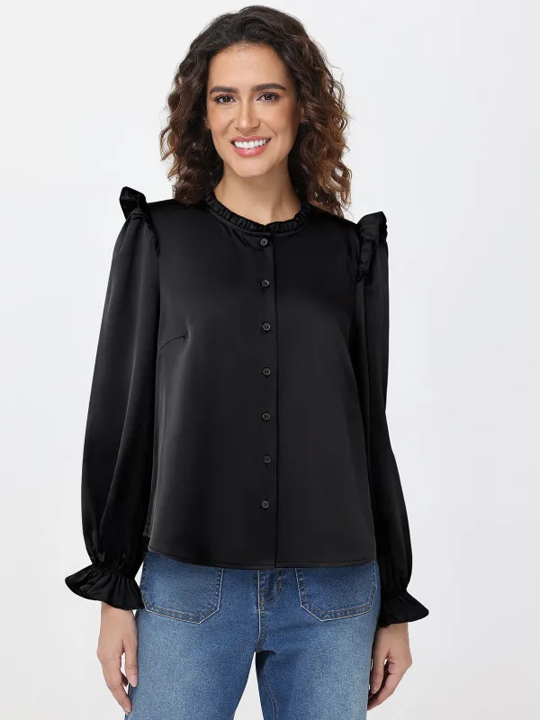Satin Ruffle Button Front Blouse sold by 89th & Madison