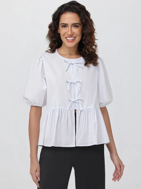 Bow Front Puff Sleeve Top sold by 89th & Madison