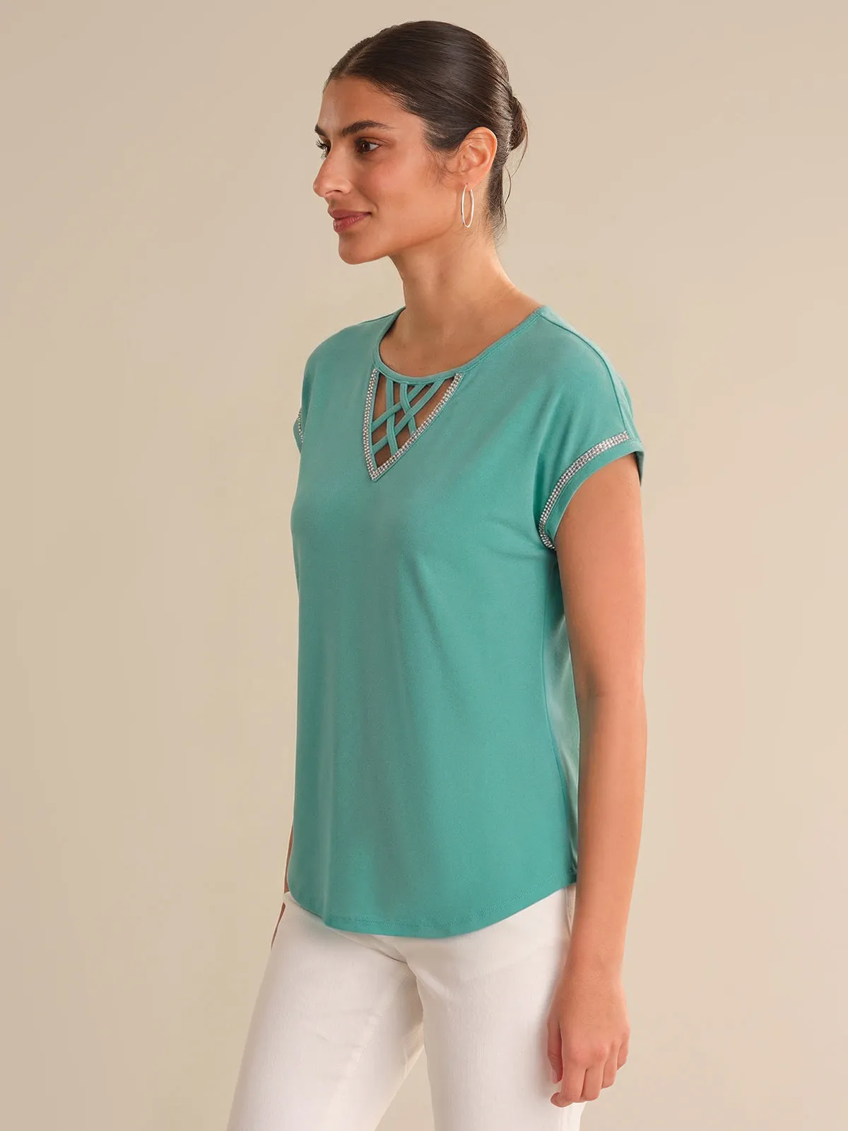 Lace Up Jeweled Dolman Cool Feel Top sold by 89th & Madison product image thumbnail 3