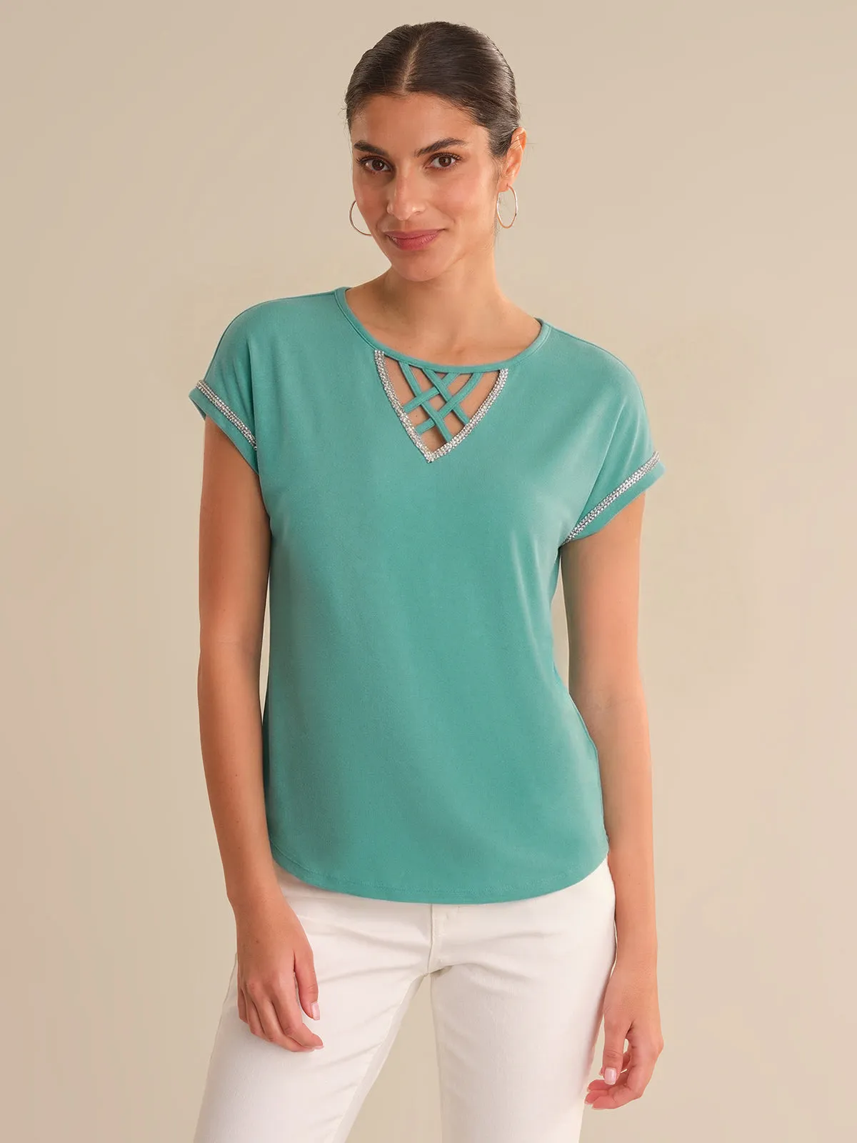 Lace Up Jeweled Dolman Cool Feel Top sold by 89th & Madison