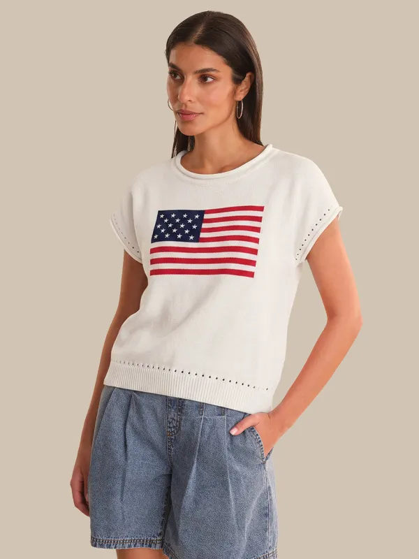 American Flag Rolled Trim Knit Pullover made by 89th & Madison