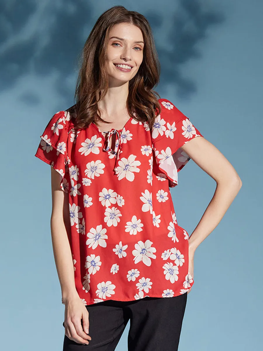 Floral Flutter Sleeve Tie Neck Blouse sold by 89th & Madison