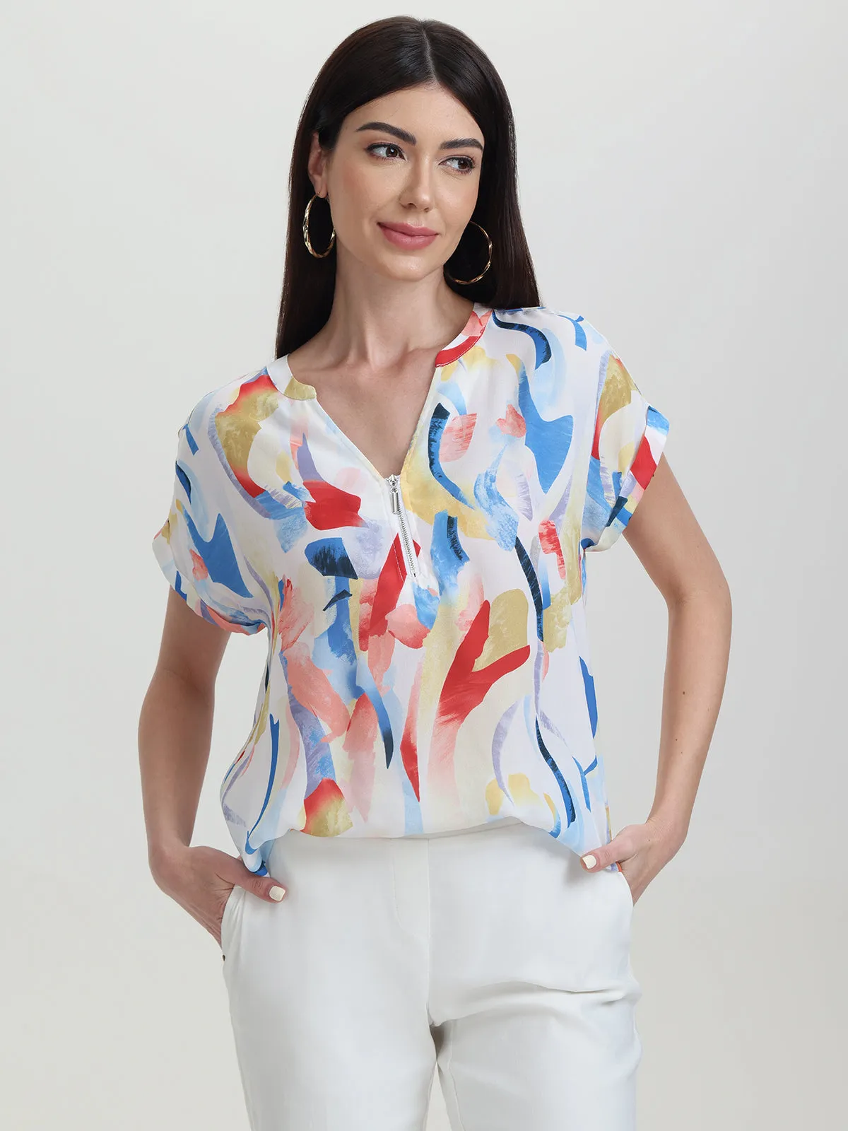 Abstract Print Half Zip Blouse sold by 89th & Madison