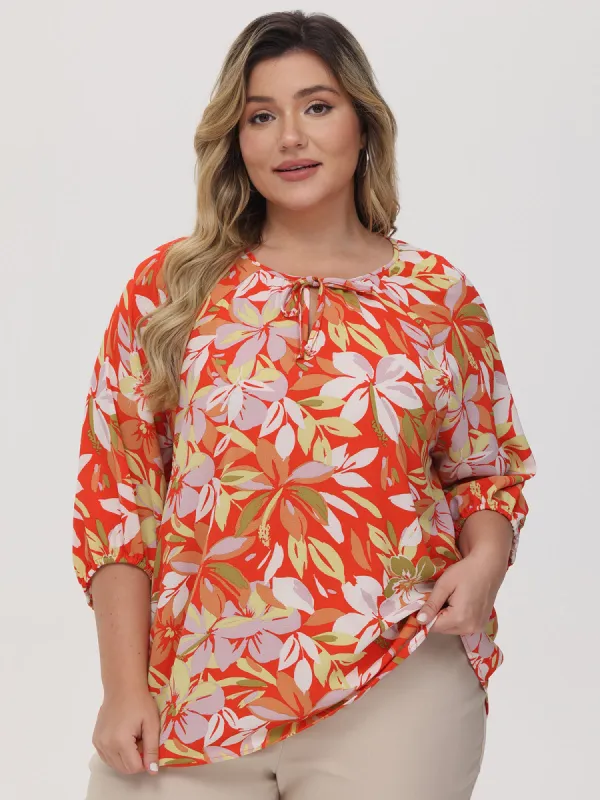 Plus Floral Tie Neck Blouse sold by 89th & Madison