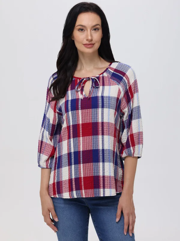 Plaid Tie Neck Blouse sold by 89th & Madison