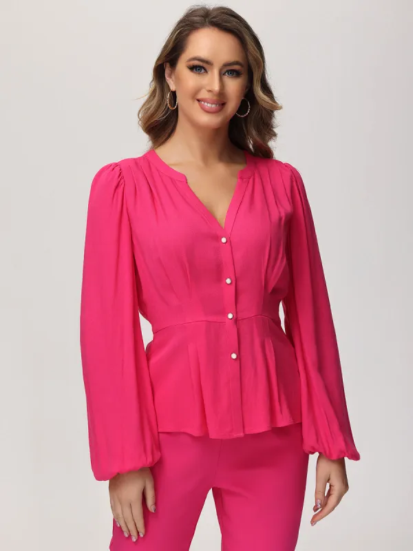 Puff Sleeve Split Neck Blouse sold by 89th & Madison