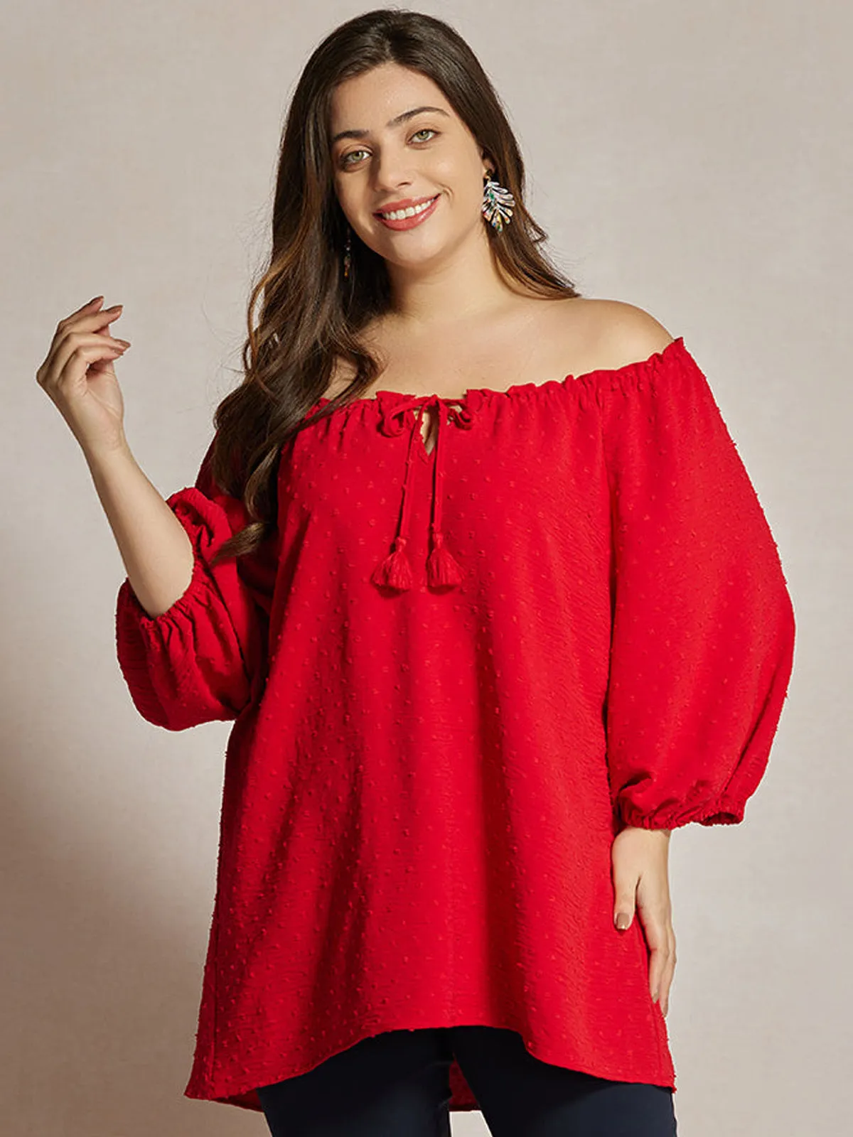 Plus Jacquard Tie Neck Ruffle Top sold by 89th & Madison