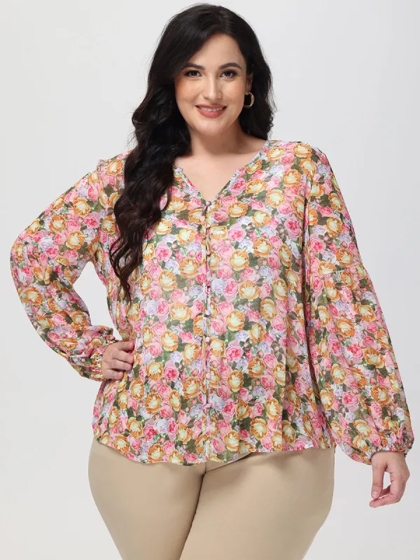 Plus Floral Button-Up Top sold by 89th & Madison