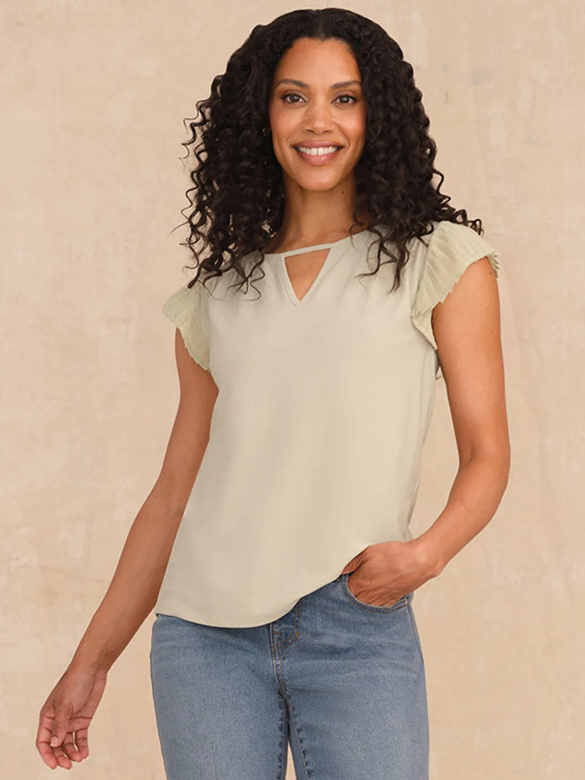 Keyhole Neck Flutter Sleeve Cool Top sold by 89th & Madison